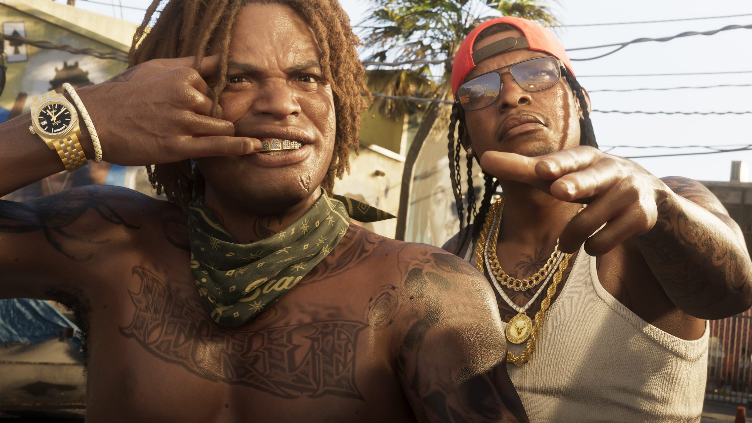 Deux personnages officiels de GTA 6 dans les rues de Vice City, capture in-game Rockstar